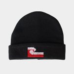 Black knitted beanie with the Māori Tino Rangatiratanga Flag stitched into the turned up band.
